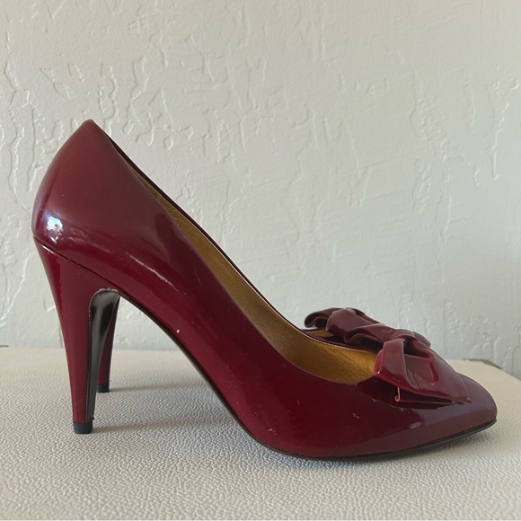SOLD - Oxblood Red Coach Patent Leather Bow Heels - Picture 2 of 15